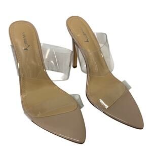 Vivian Womens Size 8 Beige 4.5" Heel Clear Strap Open Pointed Toe Slip On Shoes